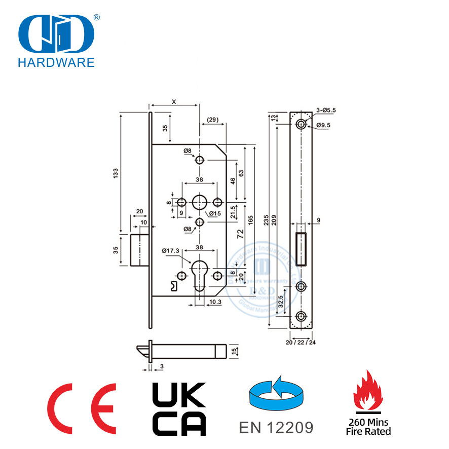 Untuk Gudang atau Pintu Masuk 240 Menit Kunci Pintu Deadbolt Baja Tahan Karat Nilai Api-DDML013-6072