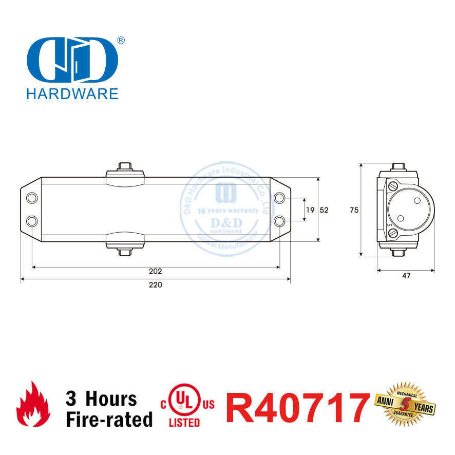 Penutup Pintu Hidraulik Berperingkat Api Sertifikasi Terdaftar UL 10C dengan Mekanisme Rak dan Pinion-DDDC045