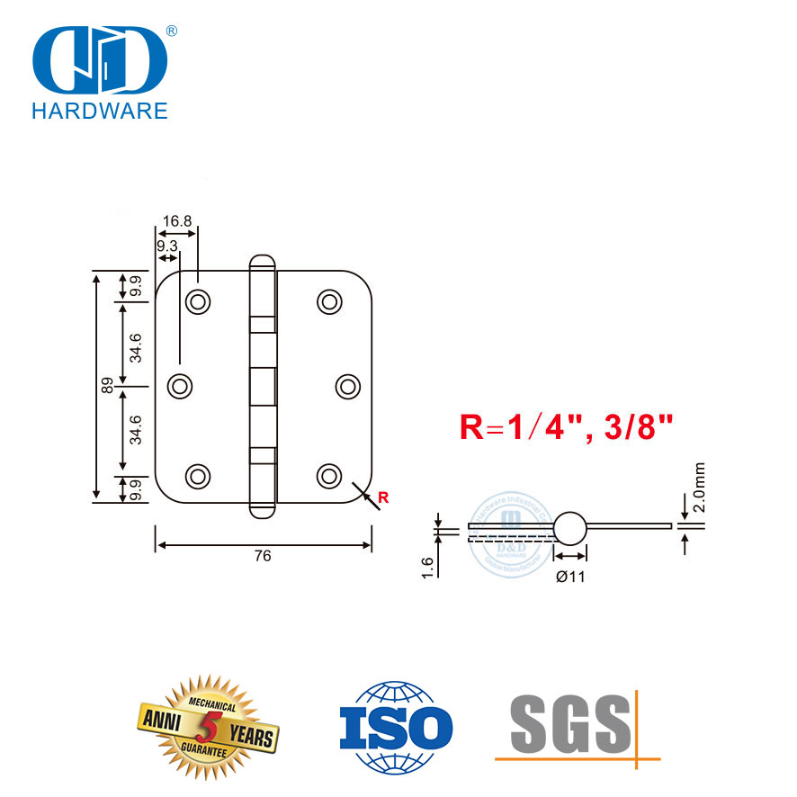 Perangkat Keras Engsel Pintu Stainless Steel dengan Ujung Bola Sudut Bulat-DDSS046
