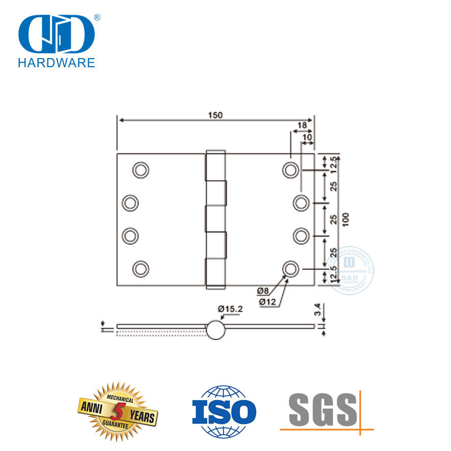 Aksesori Perangkat Keras Pintu Pas SUS 304 Engsel Pintu Lempar Lebar-DDSS049-100x180x3.4mm