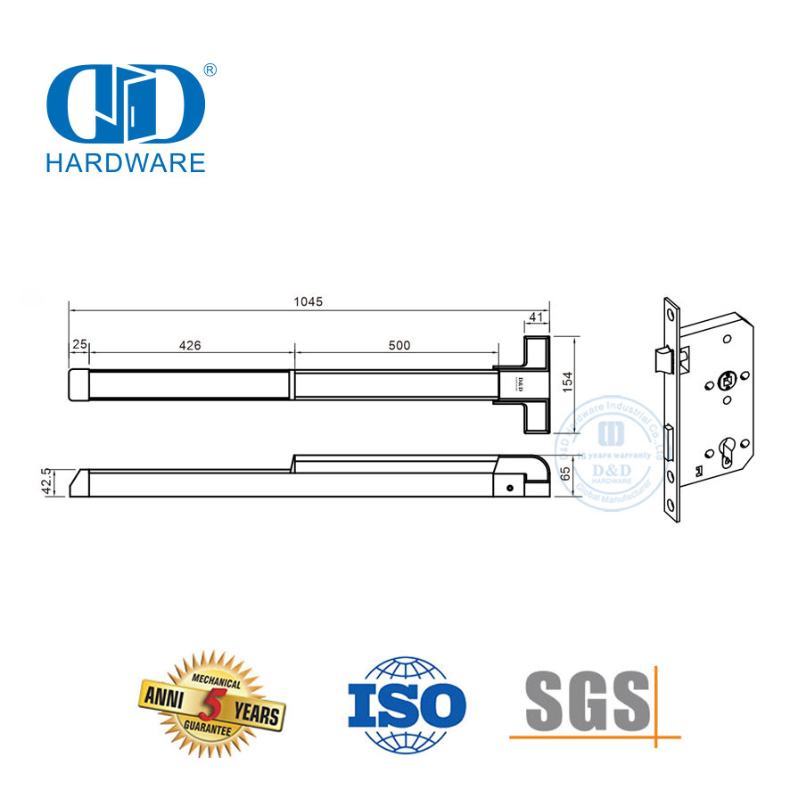 Perangkat Keras Pintu Keluar Panik Tangan Stainless Steel dengan Mortise Lock-DDPD038-SSS