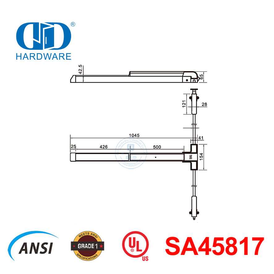 Pintu Ironmongery Hardware Panic Exit Batang Batang Vertikal dengan UL305-DDPD027-SSS