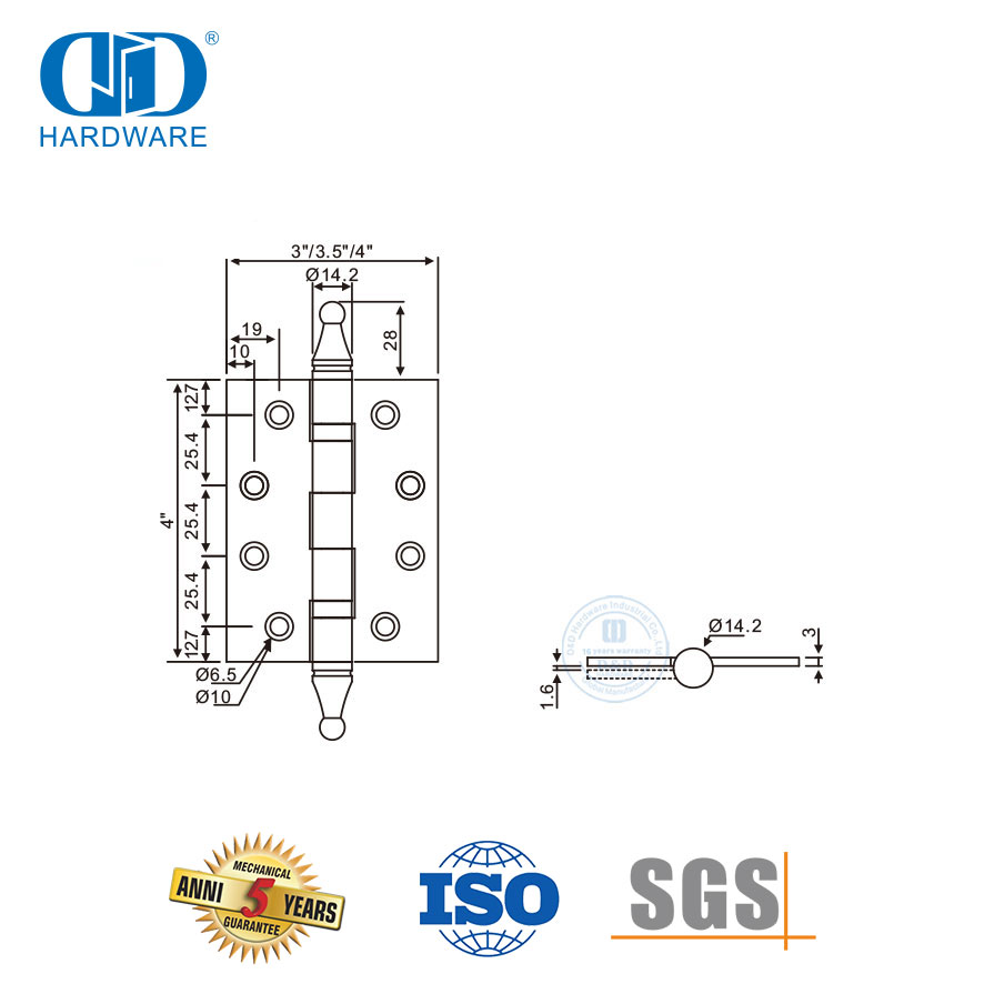 Engsel Stainless Steel Perangkat Keras Pintu Kayu dengan Ujung Mahkota-DDSS034-B