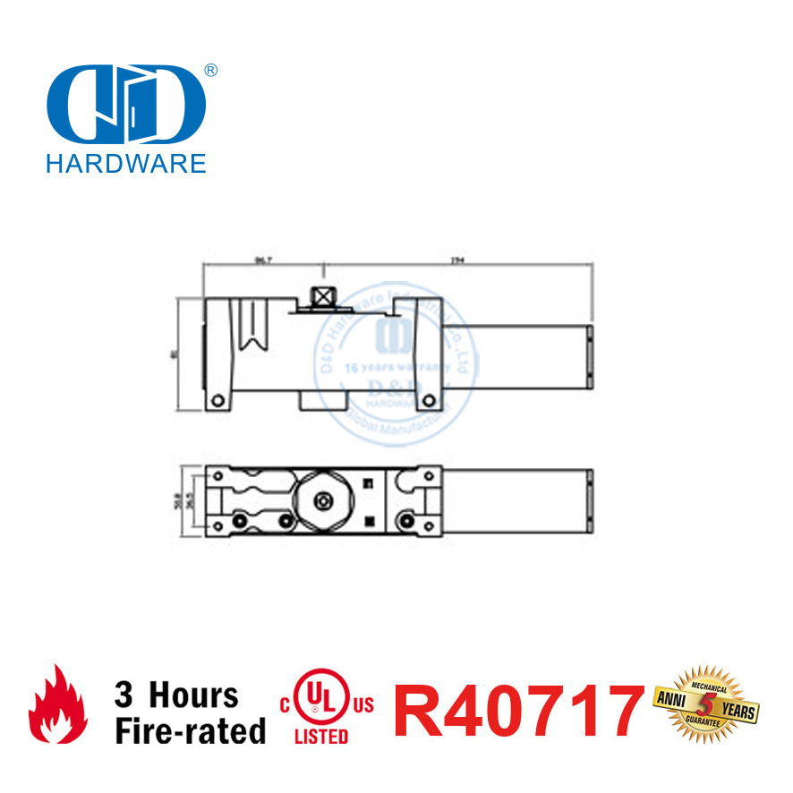 Tugas Berat Gaya Amerika untuk Perangkat Keras Pintu Logam ANSI UL10C Terdaftar Sertifikasi Fire Door Closer-DDDC044A