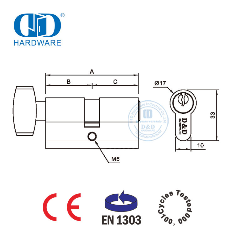 EN 1303 Silinder Tunggal Pintu Depan Keamanan Tinggi dengan Turn-DDLC002-70mm-SN
