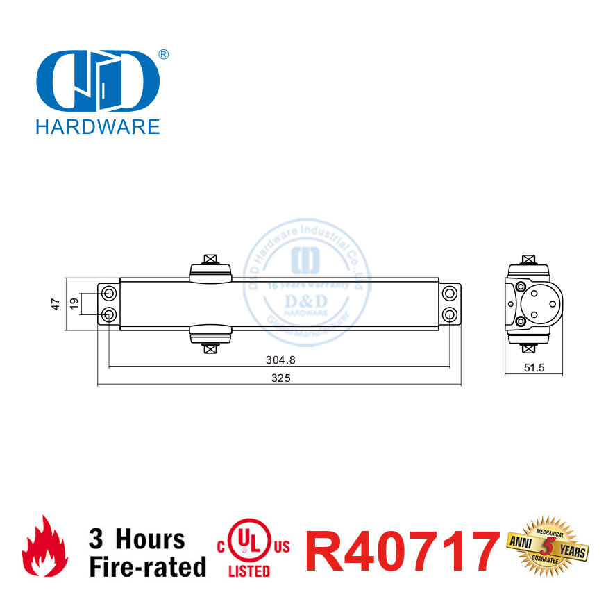 Kualitas Tinggi 150KG 1400Mm Tugas Berat Kecepatan Dapat Disesuaikan Sertifikasi Sertifikat ANSI UL Fire Door Closer-DDDC042