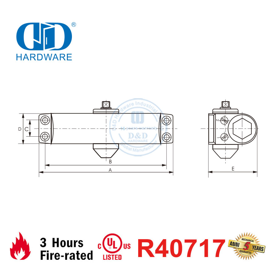 Untuk Penggunaan Perumahan Komersial 40-65KG 950mm Tugas Ringan CE UL 10C Terdaftar Fire Rated Door Closer-DDDC038
