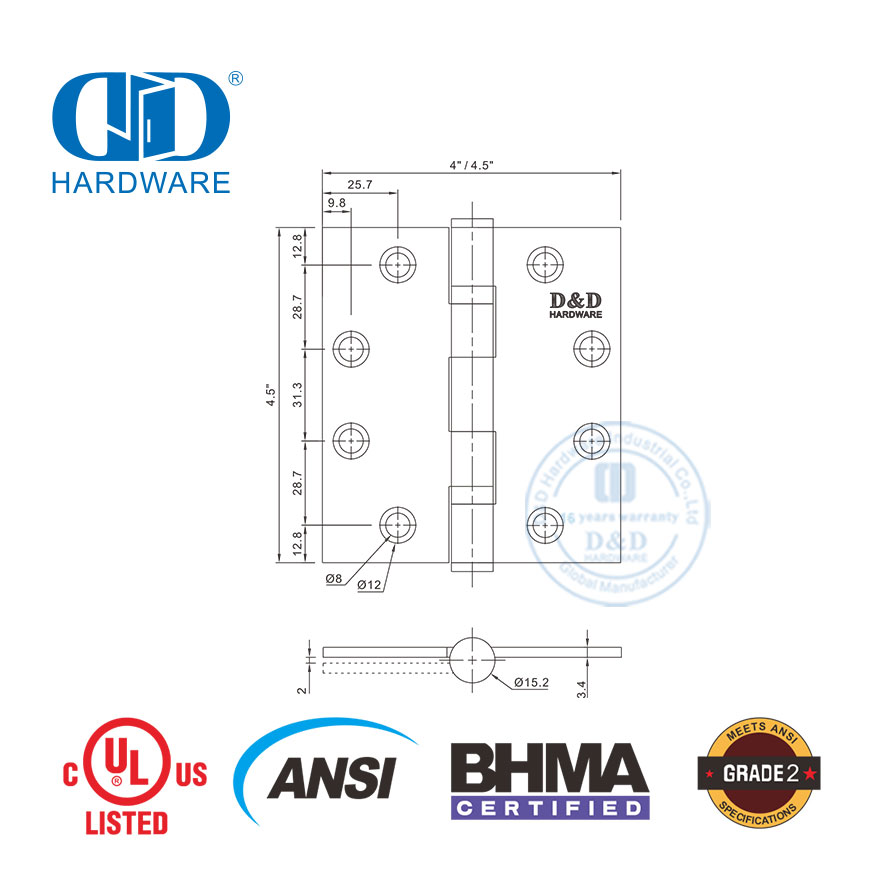 Engsel Pintu Luar Nilai Api BHMA ANSI Grade 2 untuk Bangunan Komersial-DDSS001-ANSI-2-4.5x4x3.4mm