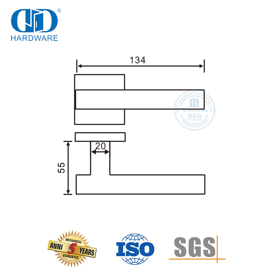 SUS 304 T Shape Square Rosette Soid Lever Handle untuk Gedung Perkantoran-DDSH053-SSS