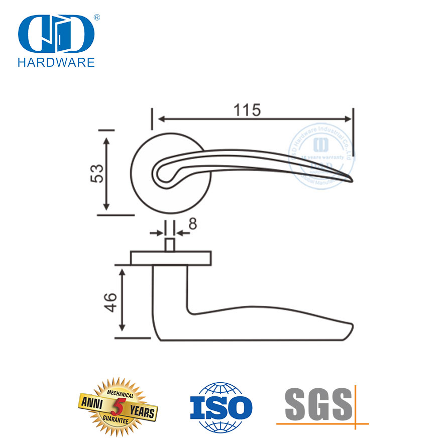 Pegangan Pintu Tuas Padat Tipe Melengkung Desain Sederhana Standar Tinggi-DDSH027-SSS