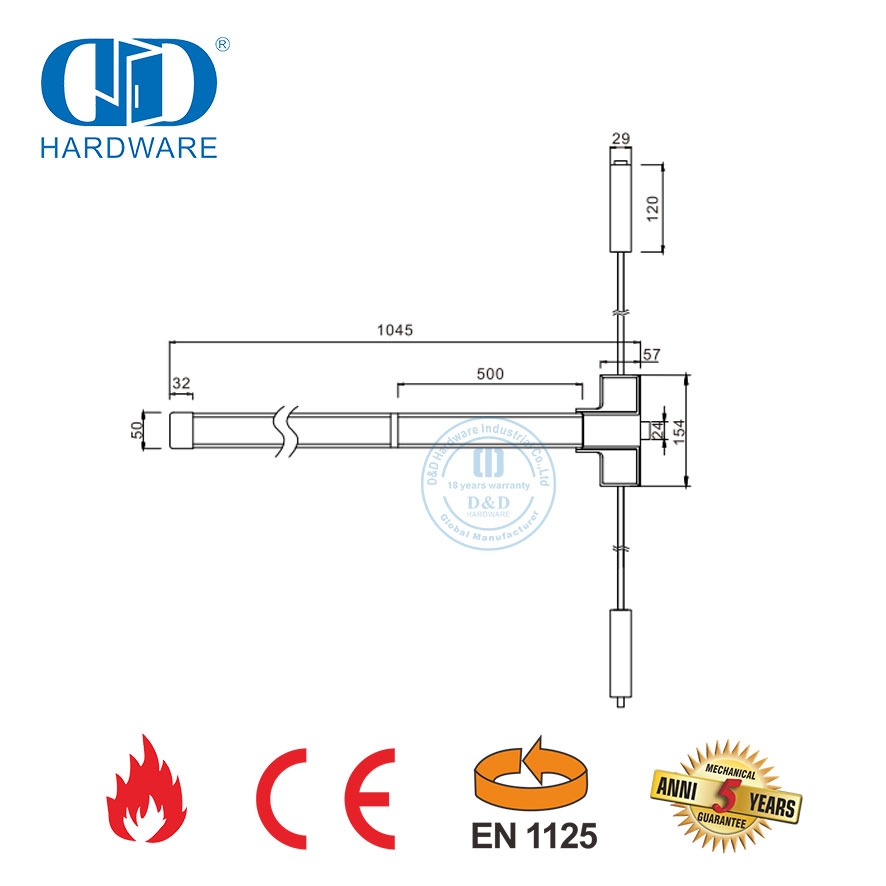 Anti Panic Bar Stainless Steel CE EN1125 Pintu Keluar Tahan Api Panic Bar Push Bar Untuk Darurat Komersial Pintu Kayu-DDPD049-CE