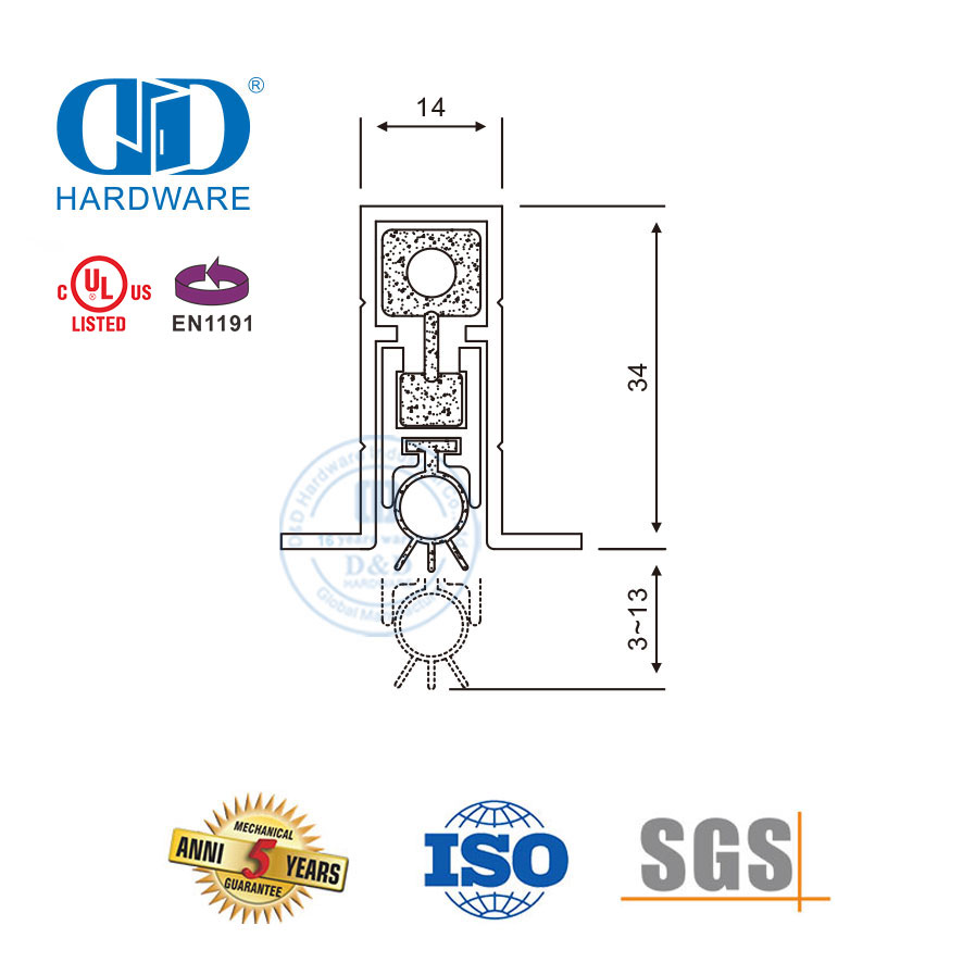 CE Pintu Perangkat Perabot Perak Angin Debu Bukti Cuaca Pengupasan Sepenuhnya Mortised Keamanan Drop Pintu Geser Bawah Seal-DDBS002