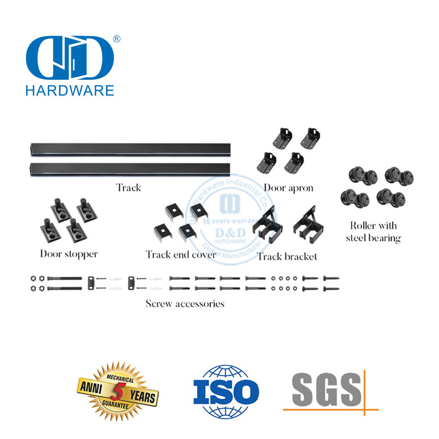Perangkat Keras Pintu Geser Ganda Tugas Berat Hitam Baja Tahan Karat Kit Perangkat Keras Pintu Gudang Bypass Apartemen-DDBD041