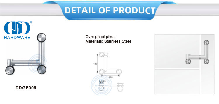 Pemasangan Pintu Ayun Sudut Dinding Kaca Stainless Steel Di Atas Panel Pivot Glass Hardware-DDGP009