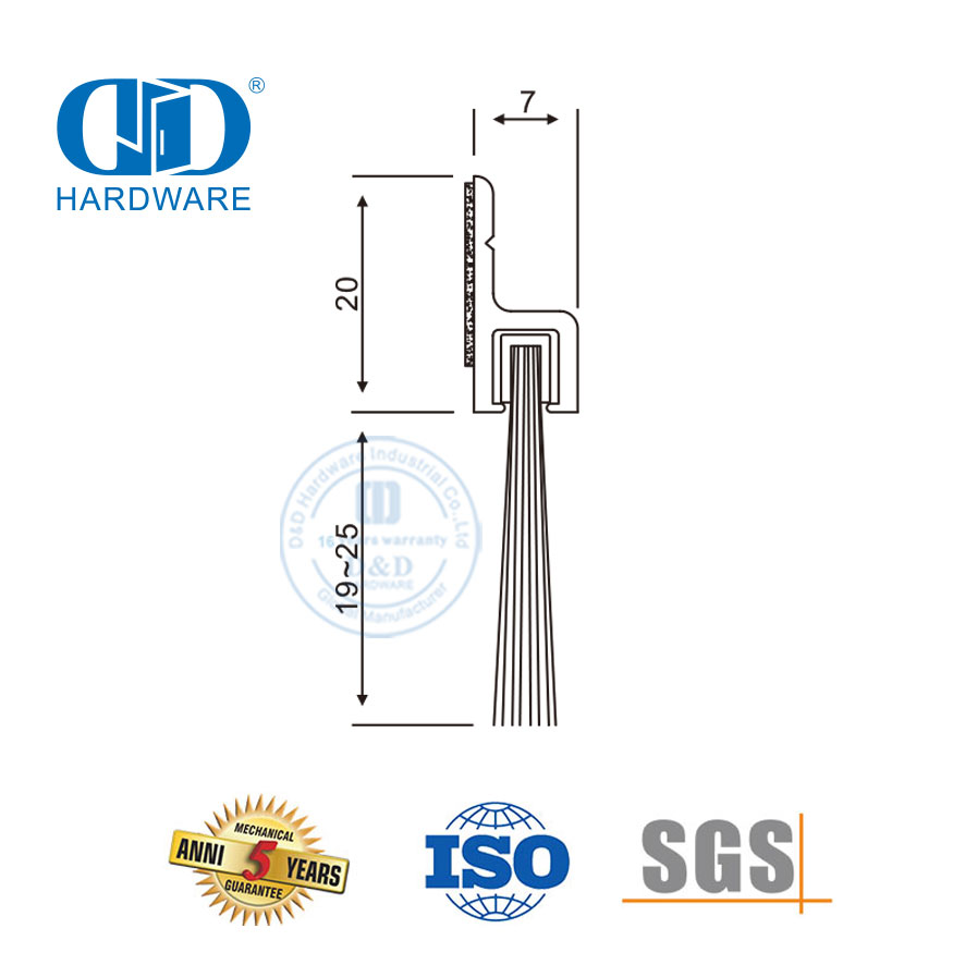 Anylon Brush Seal Aluminium Carrier Self Adhesive Otomatis Tahan Udara Dingin Pintu Geser Sapu Seal-DDBS004