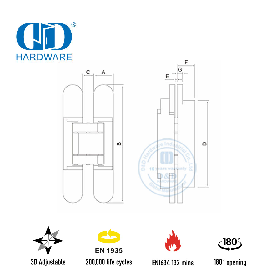 Engsel Pintu Tersembunyi EN1935 Tahan Api untuk Pintu Kamar Tidur-DDCH008-G40