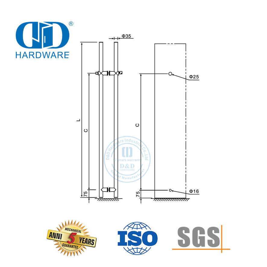 Panjang Dua Sisi Kaca Stainless Steel Peralatan Fitting Pintu Kaca Kunci Mengunci Kunci Tarik Menangani dengan Schlage Lock-DDPH039