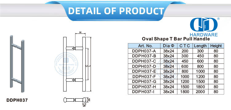 Beberapa Aplikasi Stainless Steel Pintu Utama Kaca Kayu Pintu Logam Perangkat Keras Bentuk Oval T Bar Pull Handle-DDPH037