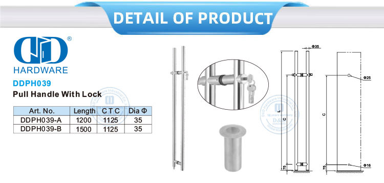 Panjang Dua Sisi Kaca Stainless Steel Peralatan Fitting Pintu Kaca Kunci Mengunci Kunci Tarik Menangani dengan Schlage Lock-DDPH039