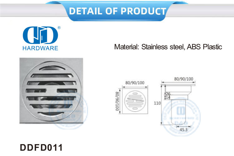 Keamanan Tinggi Stainless Steel Square Floor Drain Kamar Mandi Shower Drain Perangkat Keras Kamar Mandi untuk Pintu Kaca-DDFD0011
