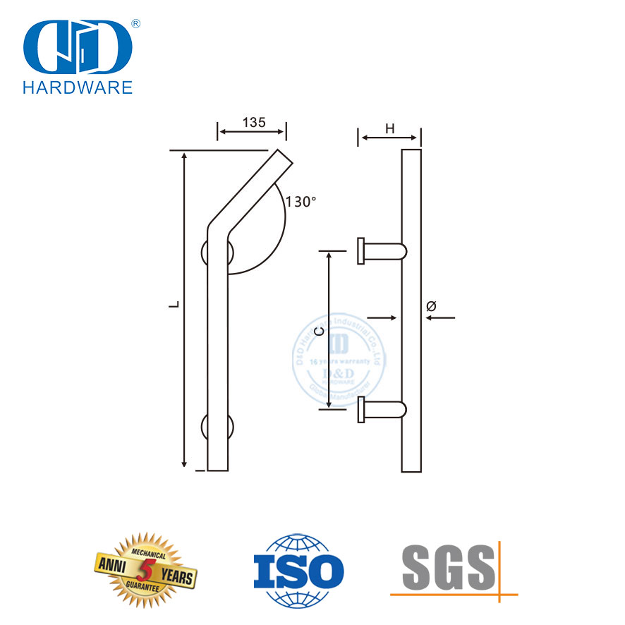 Aksesori Perangkat Keras Kamar Mandi Gagang Tarik Pasangan Tabung Stainless Steel untuk Pintu Kaca-DDPH009