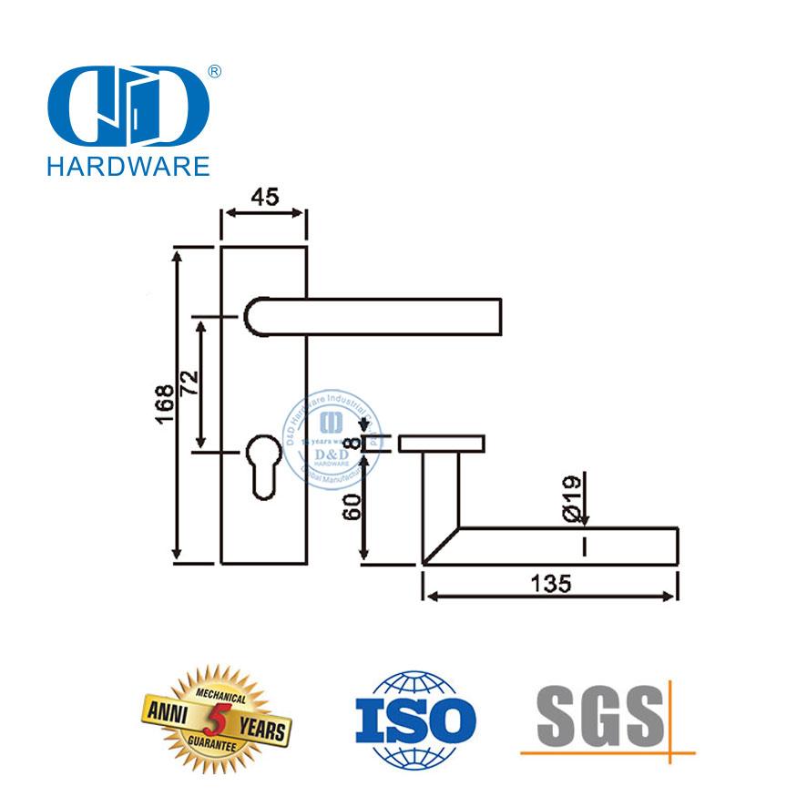 Kunci Pintu Split Senyap Pegangan Tuas Pintu Kayu Ruang Tamu dengan Pelat Persegi Panjang -DDTP009