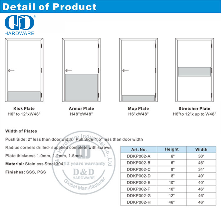 Pabrik Pasar Amercian Penggunaan Baja Tahan Karat Pelindung Armor Pelat Tendangan Pintu Depan Logam Bawah Komersial-DDKP002