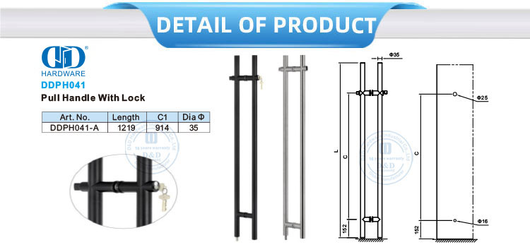 Gagang Pintu Kaca Geser Stainless Steel Gagang Tarik Pintu Kaca Panjang Dengan Kunci-DDPH041-A