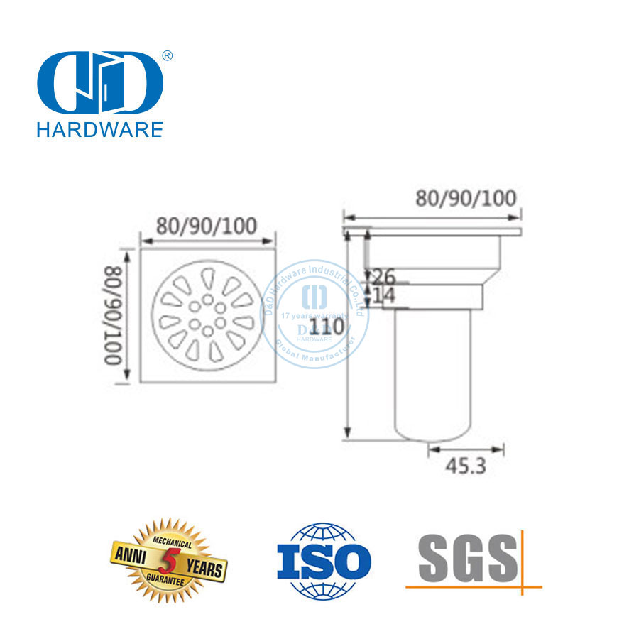 Stainless Steel Square Lantai Kamar Mandi Flange Drain Kamar Mandi Toilet Kamar Mandi Lantai Drain-DDFD0012