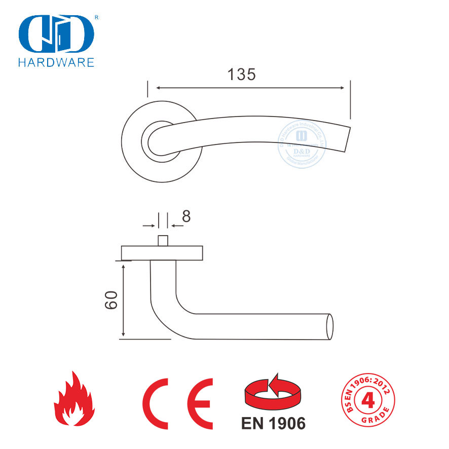 EN 1906 Perangkat Keras Pintu Kamar Tidur Pegangan Tuas Berongga Stainless Steel-DDTH006-SSS
