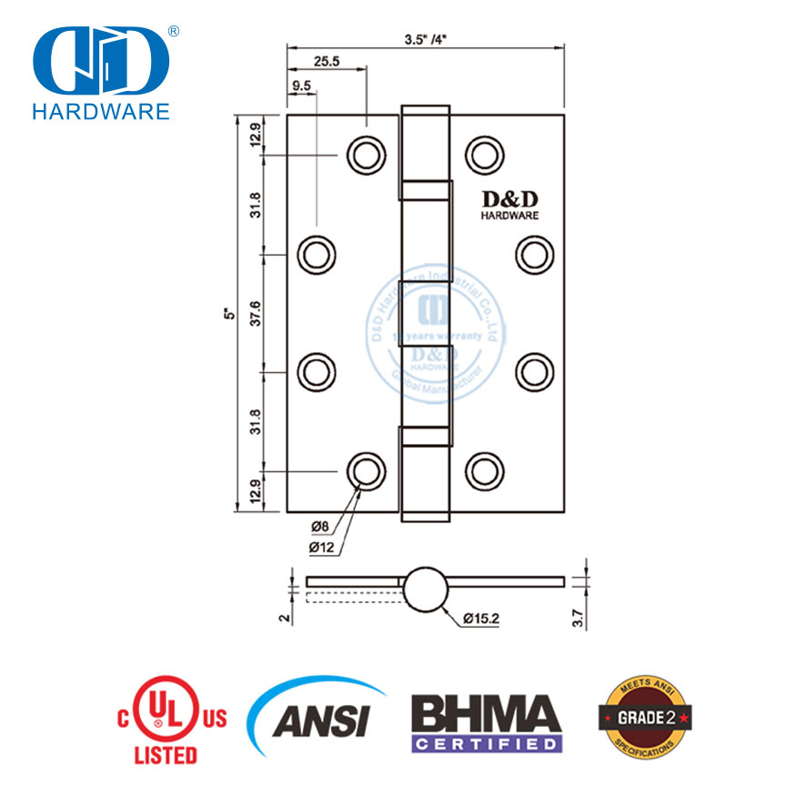Sertifikat BHMA ANSI Engsel Pintu Kayu Komersial Sudut Persegi Tahan Api-DDSS001-ANSI-2