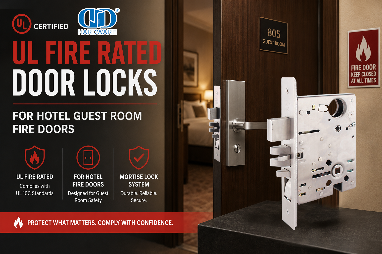 Kunci Pintu Berperingkat Api UL untuk Pintu Kebakaran Kamar Tamu Hotel